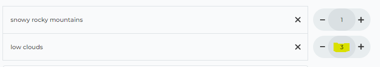 Screenshot of the AI Image Lab prompt phrase list interface, highlighting the weight control