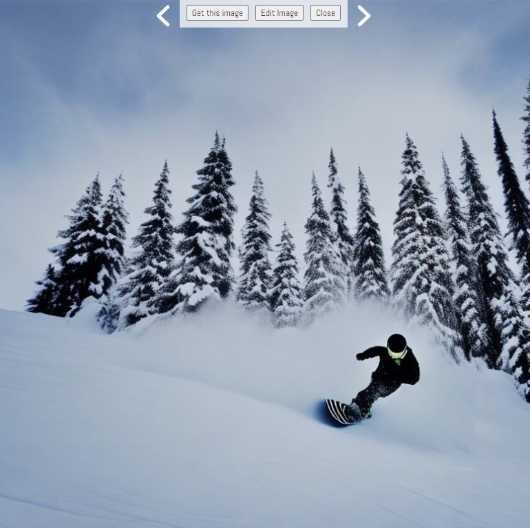 A photo of a snowboarder generated by AI Image Lab, with some overlaid buttons and navigation arrows