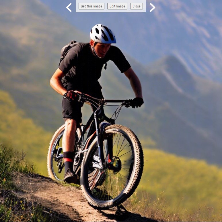 A photo of a mountain biker generated by AI Image Lab, with some overlaid buttons and navigation arrows. The face of the mountain biker has been improved from the original distorted version.