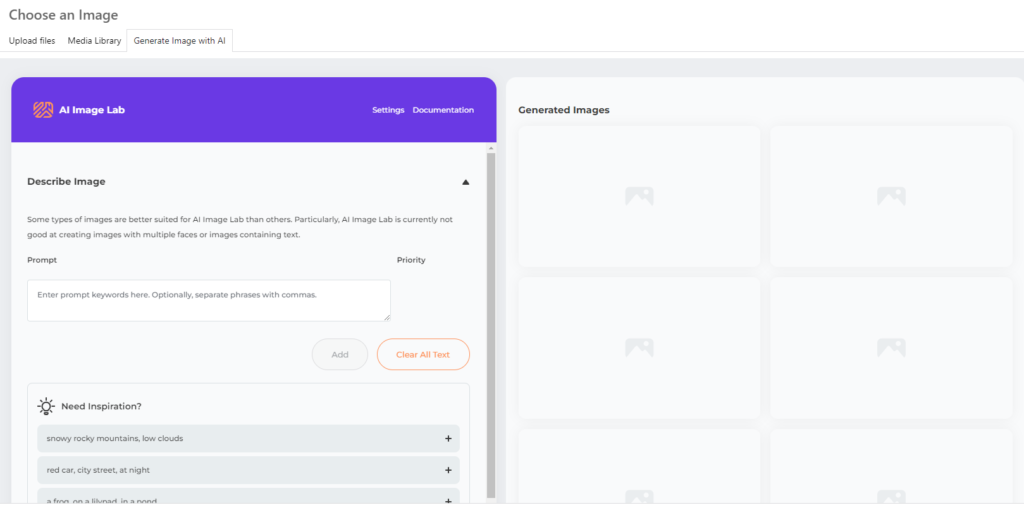 Screenshot of the AI Image Lab interface when accessed from the Divi builder