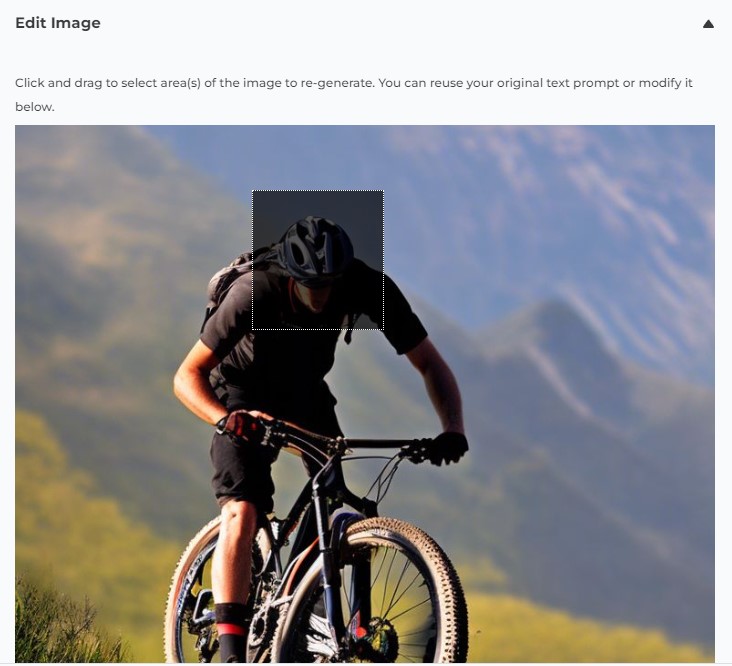 Screenshot of AI Image Lab's image editing interface, with a photo of a mountain biker with a distorted face loaded and his head selected in the editor.