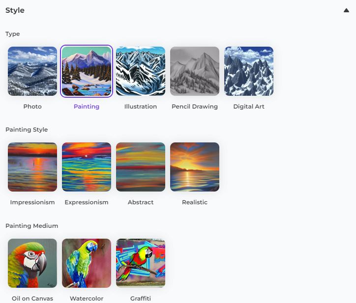 Screenshot of AI Image Lab's Style selection interface, listing various style options with sample thumbnails.