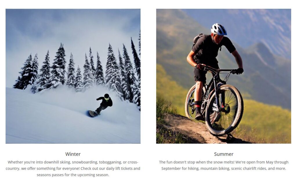 Screenshot of two Divi blurb modules in a row, each containing an AI generated image and a few sentences of text. The left module has the heading Winter, the right module has the heading Summer.