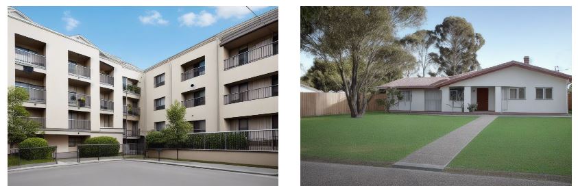 Two AI generated photos, an apartment building on the left and a house on the right