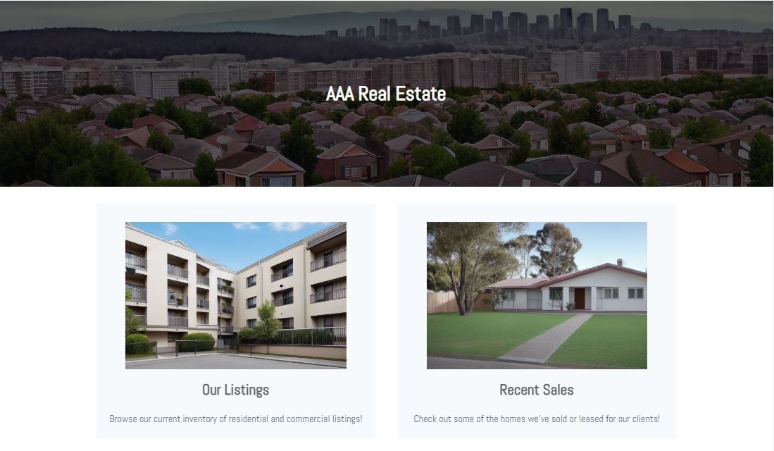 A website layout with a banner (urban neighborhood with text AAA Real Estate overlaid), followed by a two-column row with each column containing and image and placeholder text
