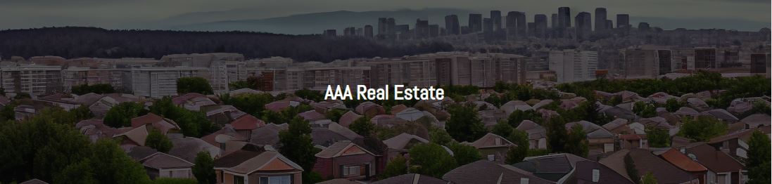 Website banner image with an AI generated photo of an urban neighborhood in the background and the text AAA Real Estate in the foreground