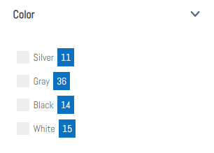 A product filtering interface generated by Divi Shop Builder for a custom WooCommerce product attribute, showing a list of product color options with checkboxes on the left and product counts on the right.