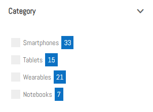 A WooCommerce product category filtering interface generated by Divi Shop Builder, showing a list of technology product categories with checkboxes on the left and product counts on the right.