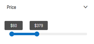 A WooCommerce product price filtering interface generated by Divi Shop Builder, showing a range slider with the currently selected range values of $60 and $379 shown above it.